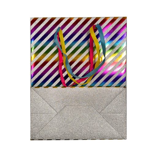 Színes Striped csillámos papír ajándéktasak, ajándékzacskó 18x10x23 cm