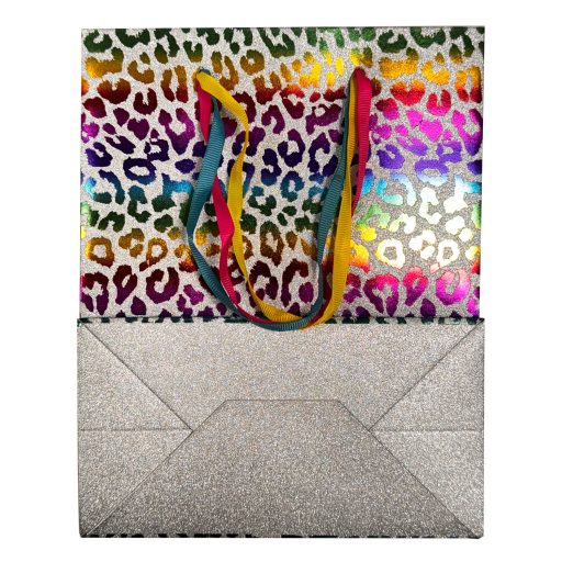 Színes Leopard csillámos papír ajándéktasak, ajándékzacskó 18x10x23 cm