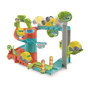   Színes Fun Garage készségfejlesztő garázs szett bukfencező kisautóval Clementoni