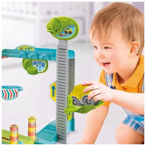 Színes Fun Garage készségfejlesztő garázs szett bukfencező kisautóval Clementoni