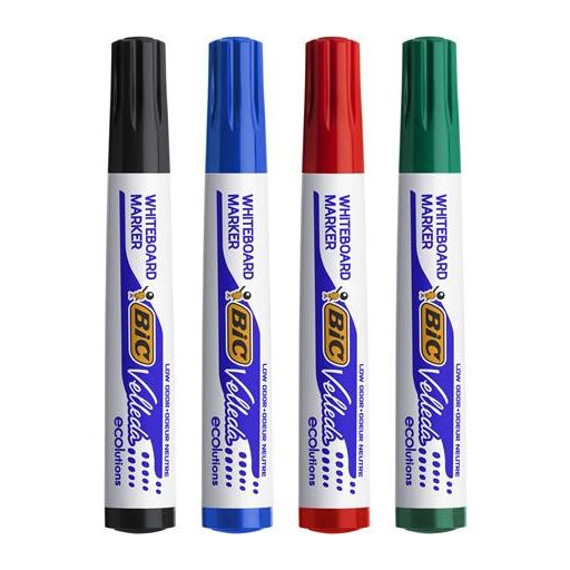 Flipchart- és táblamarker készlet, 1,4 mm, kúpos, BIC" Velleda ecolutions", 4 különböző szín