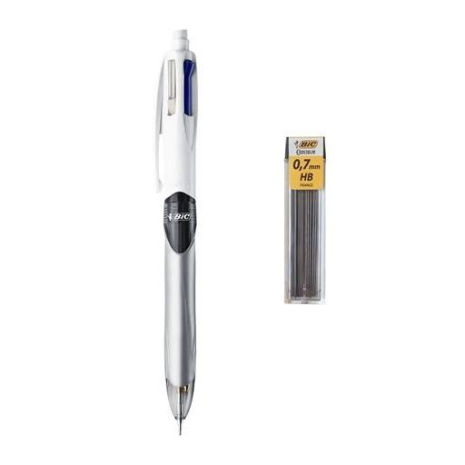 Golyóstoll, háromszínű, nyomósirónnal egyben, BIC "4 Colours" + grafitbél