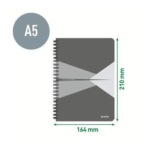 Spirálfüzet, A5, kockás, 90 lap, laminált karton borító, LEITZ "Office", szürke-kék