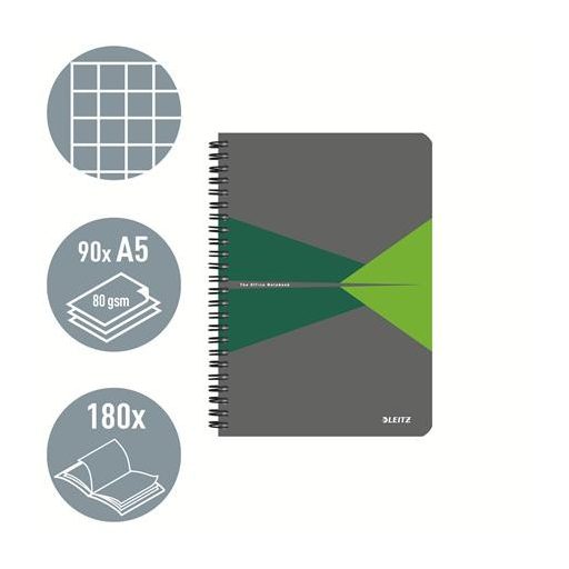 Spirálfüzet, A5, kockás, 90 lap, laminált karton borító, LEITZ "Office", szürke-zöld
