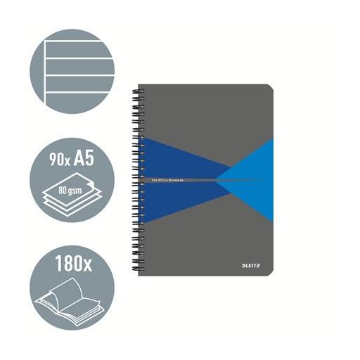 Spirálfüzet, A5, vonalas, 90 lap, laminált karton borító, LEITZ "Office", szürke-kék