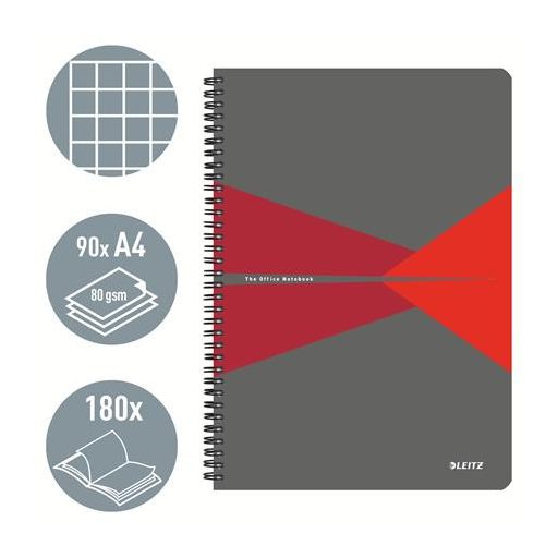 Spirálfüzet, A4, kockás, 90 lap, PP borító, LEITZ "Office", szürke-piros