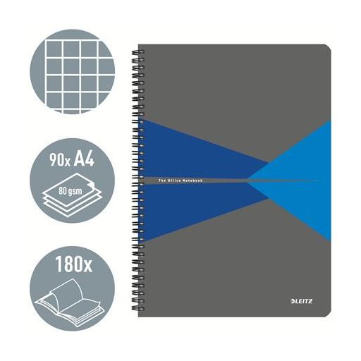 Spirálfüzet, A4, kockás, 90 lap, PP borító, LEITZ "Office", szürke-kék