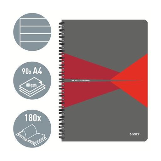Spirálfüzet, A4, vonalas, 90 lap, PP borító, LEITZ "Office", szürke-piros