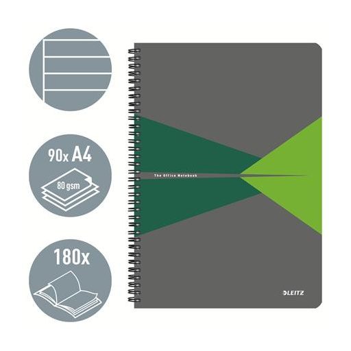 Spirálfüzet, A4, vonalas, 90 lap, PP borító, LEITZ "Office", szürke-zöld