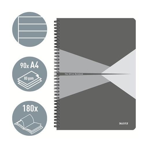 Spirálfüzet, A4, vonalas, 90 lap, PP borító, LEITZ "Office", szürke