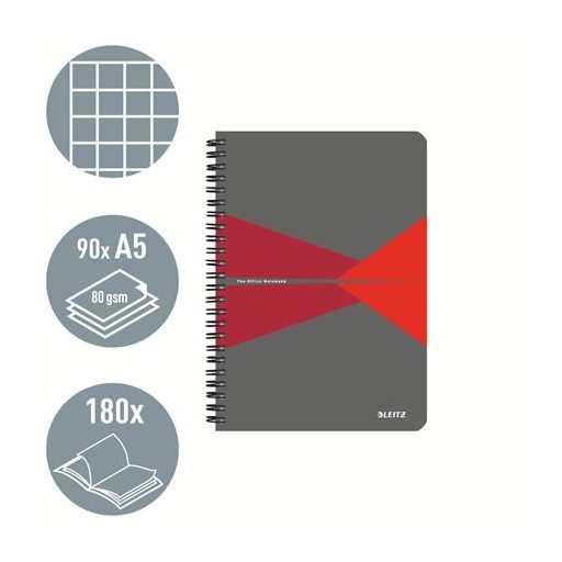 Spirálfüzet, A5, kockás, 90 lap, PP borító, LEITZ "Office", szürke-piros