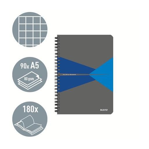 Spirálfüzet, A5, kockás, 90 lap, PP borító, LEITZ "Office", szürke-kék