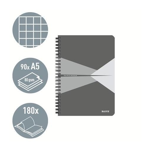 Spirálfüzet, A5, kockás, 90 lap, PP borító, LEITZ "Office", szürke