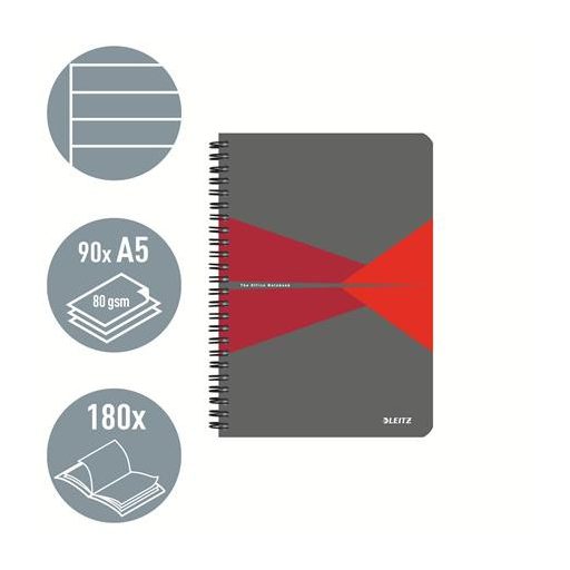 Spirálfüzet, A5, vonalas, 90 lap, PP borító, LEITZ "Office", szürke-piros