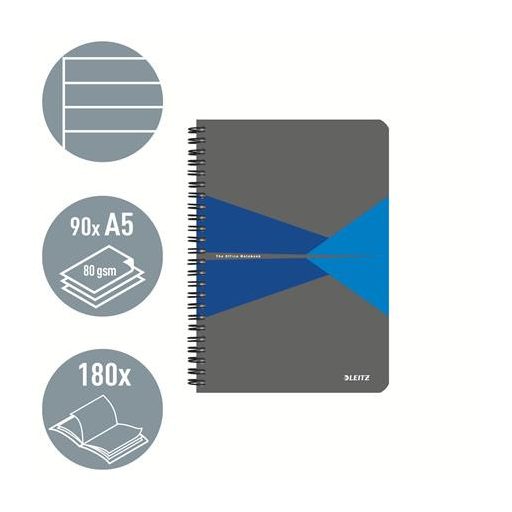 Spirálfüzet, A5, vonalas, 90 lap, PP borító, LEITZ "Office", szürke-kék