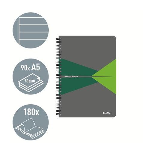 Spirálfüzet, A5, vonalas, 90 lap, PP borító, LEITZ "Office", szürke-zöld