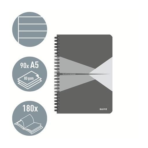 Spirálfüzet, A5, vonalas, 90 lap, PP borító, LEITZ "Office", szürke