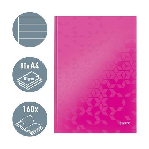 Beíró, A4, vonalas, 80 lap, keményfedeles, LEITZ "Wow", rózsaszín