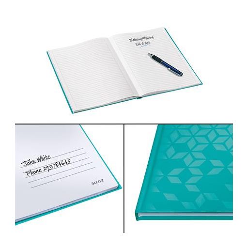 Beíró, A4, vonalas, 80 lap, keményfedeles, LEITZ "Wow", jégkék