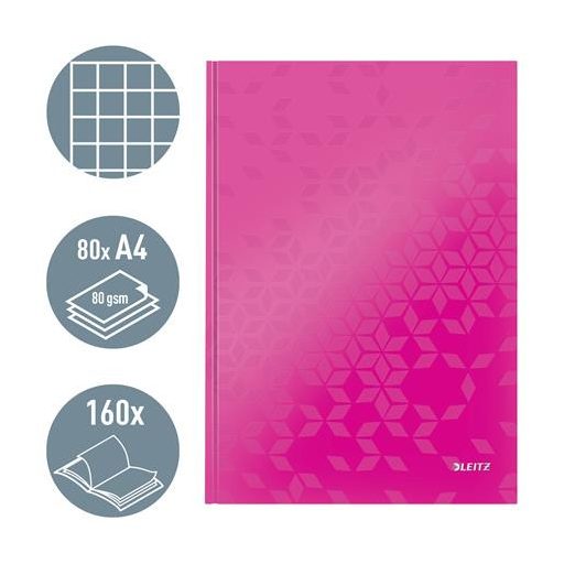 Beíró, A4, kockás, 80 lap, keményfedeles, LEITZ "Wow", rózsaszín