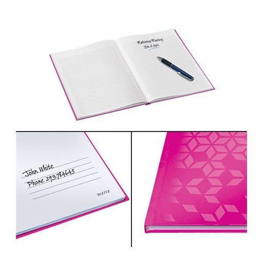 Beíró, A4, kockás, 80 lap, keményfedeles, LEITZ "Wow", rózsaszín