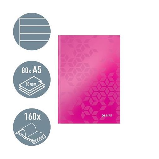 Beíró, A5, vonalas, 80 lap, keményfedeles, LEITZ "Wow", rózsaszín