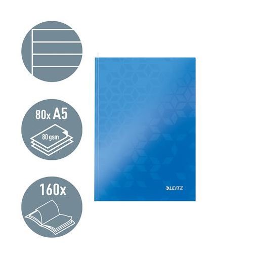 Beíró, A5, vonalas, 80 lap, keményfedeles, LEITZ "Wow", kék
