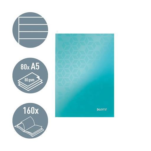 Beíró, A5, vonalas, 80 lap, keményfedeles, LEITZ "Wow", jégkék