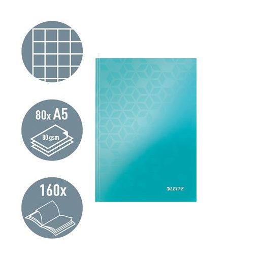 Beíró, A5, kockás, 80 lap, keményfedeles, LEITZ "Wow", jégkék