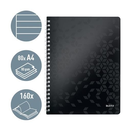 Spirálfüzet, A4, vonalas, 80 lap, LEITZ "Wow", fekete