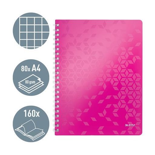 Spirálfüzet, A4, kockás, 80 lap, LEITZ "Wow", rózsaszín