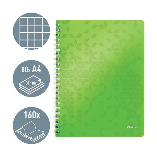 Spirálfüzet, A4, kockás, 80 lap, LEITZ "Wow", zöld