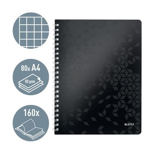 Spirálfüzet, A4, kockás, 80 lap, LEITZ "Wow", fekete