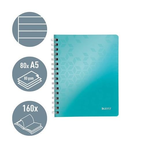 Spirálfüzet, A5, vonalas, 80 lap, LEITZ "Wow", jégkék