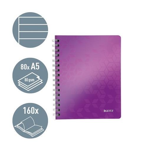 Spirálfüzet, A5, vonalas, 80 lap, LEITZ "Wow", lila
