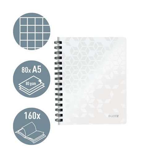 Spirálfüzet, A5, kockás, 80 lap, LEITZ "Wow", fehér