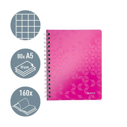 Spirálfüzet, A5, kockás, 80 lap, LEITZ "Wow", rózsaszín
