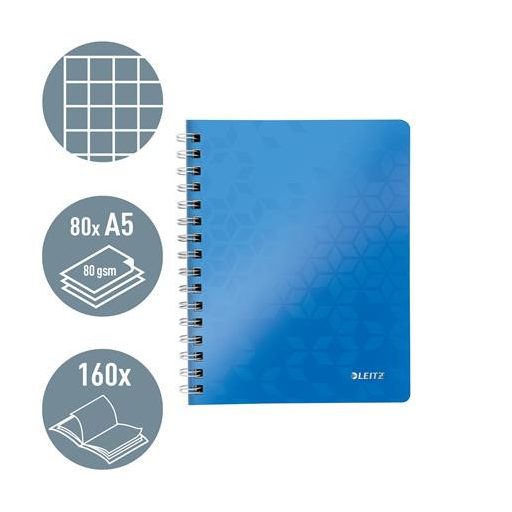 Spirálfüzet, A5, kockás, 80 lap, LEITZ "Wow", kék
