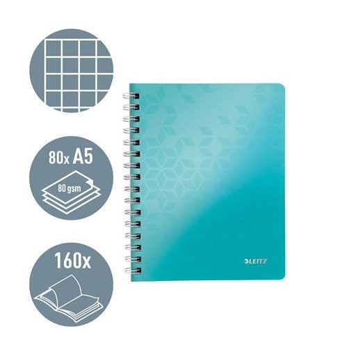Spirálfüzet, A5, kockás, 80 lap, LEITZ "Wow", jégkék
