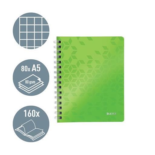 Spirálfüzet, A5, kockás, 80 lap, LEITZ "Wow", zöld