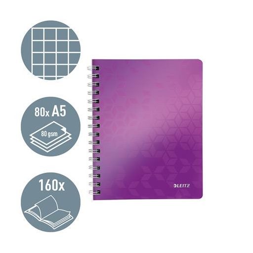 Spirálfüzet, A5, kockás, 80 lap, LEITZ "Wow", lila