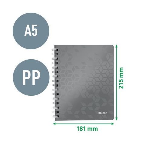 Spirálfüzet, A5, kockás, 80 lap, LEITZ "Wow", lila