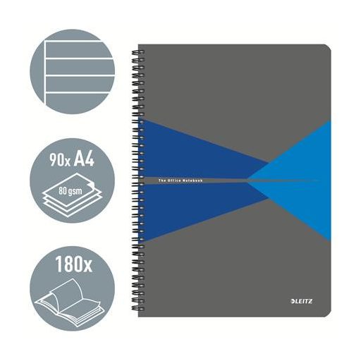 Spirálfüzet, A4, vonalas, 90 lap, laminált karton borító, LEITZ "Office", szürke-kék
