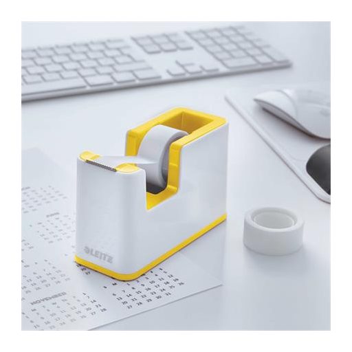 Ragasztószalag-adagoló, asztali, feltöltött, LEITZ "Wow", fehér-sárga