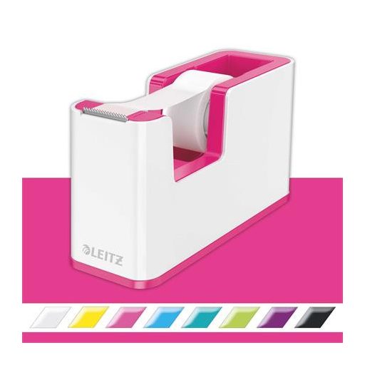 Ragasztószalag-adagoló, asztali, feltöltött, LEITZ "Wow", fehér-rózsaszín