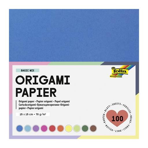 Origami papír, 15x15 cm, 70 g, 100 lap, FOLIA, vegyes színek