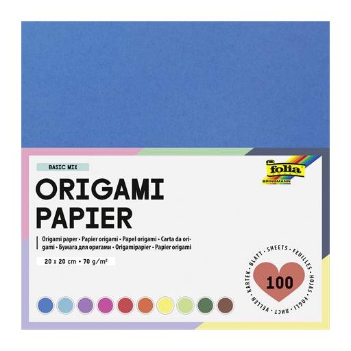 Origami papír, 20x20 cm, 70 g, 100 lap, FOLIA, vegyes színek