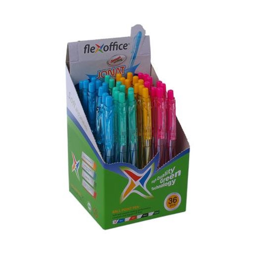 Golyóstoll, 0,25 mm, nyomógombos, vegyes test, FLEXOFFICE "Jonat", kék