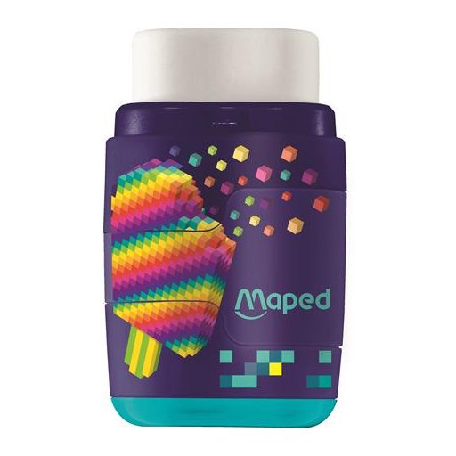 Hegyező és radír, kétlyukú, tartályos, pótradírral, MAPED "Pixel Party Connect"