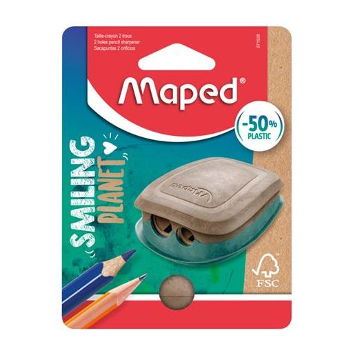 Hegyező, kétlyukú, tartályos, műanyag, FSC, MAPED "Smiling Planet"